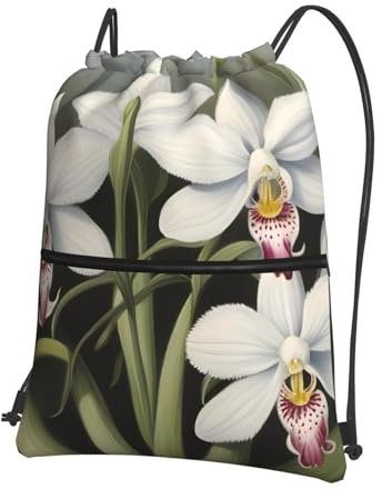 YYHWHJDE Rucksack mit weißem Glocken-Orchideen-Druck, Kordelzug, Reißverschluss, geeignet für Outdoor, Freizeit, Wandern, 39 x 45 cm (L x H), Schwarz, Einheitsgröße