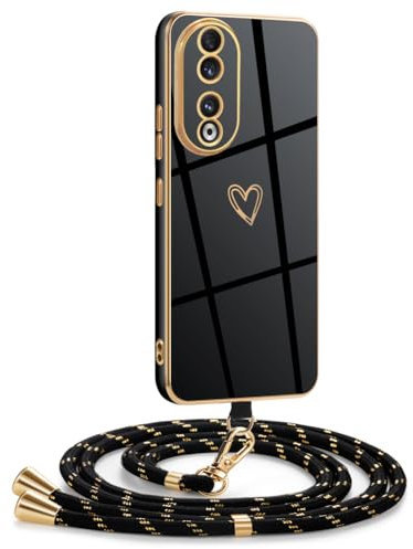 Mkej Coque pour Honor 90 avec Cordon, Coque avec Collier Motif Coeur d'amour Silicone Galvanisé Housse, Réglable Amovible de Cordon Case pour Honor 90, Or Noir