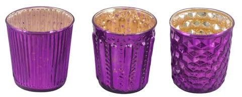 Windlichter lila 3er-Set – Teelichthalter Glas mit Metallic-Effekt – Vintage Look – Höhe 8 cm Ø 7 cm – Tischdeko Weihnachten Advent Party Hochzeit (lila)