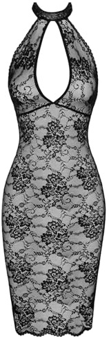 Noir Handmade F338 halblanges Kleid aus Spitze, Rückenfreies Neckholder-Kleid aus weicher Spitze mit Hakenverschluss, Erotisches Dress M