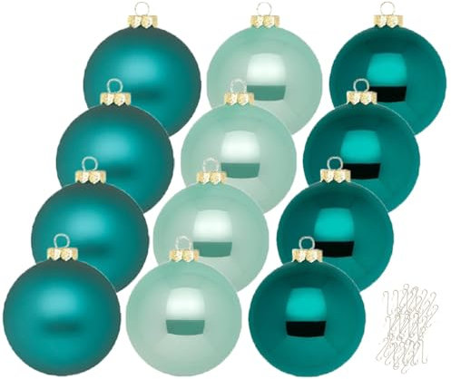 Inge Glas große Weihnachtskugeln mit Haken | Christbaumkugeln aus Glas | Set 12 Kugeln 8cm groß und 40 Aufhänger | Christbaumschmuck Weihnachtsbaumkugeln (Green Emerald | Petrol)