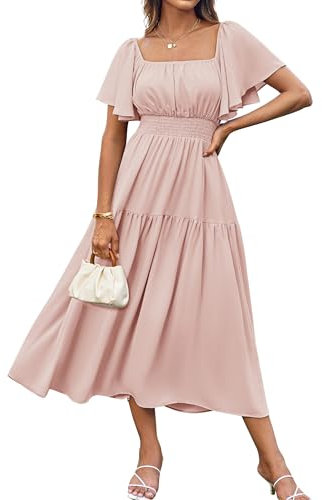 GRACE KARIN Robe Maxi Femme Chic et Élégante Manches Bouffantes Col Carré Taille Smockée Robe pour Mariage Rose S