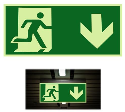 De salida de emergencia langnachleuchtend y autoadhesivo de PVC, Flecha hacia Abajo, Cumple Normas ISO DIN 7010/DIN 67510, Apto para Interiores y Exteriores, 300x150 mm