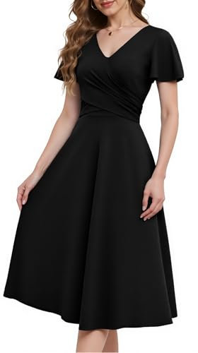 Fynadressr Wedding Guest Dresses Semi Formal Going Out Dress V-Neck Short Sleeve Ruched Wrap A Line Midi Party Dress with Belt Black L