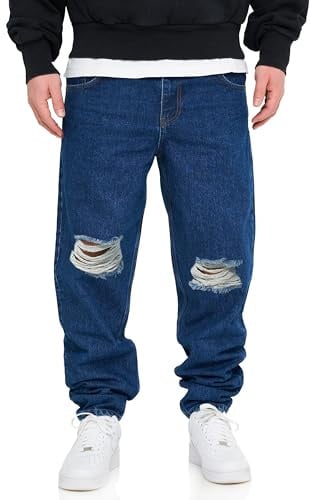 behype. Herren Jeans Ripped Tapered-Fit Jeanshose 100% Baumwolle Denim Baggy Hose Used Look Men's