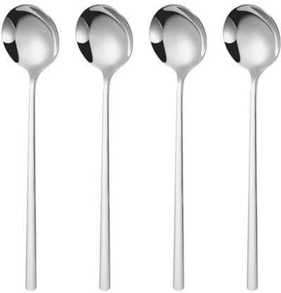 FSSTUD 4 Pcs Stainless Steel Rice Soup Spoons Korean Style Dinner Spoons Long Handle Eating Utensils Dessert Spoon Cutlery Dishwasher Safe Silverware for Home Restaurant