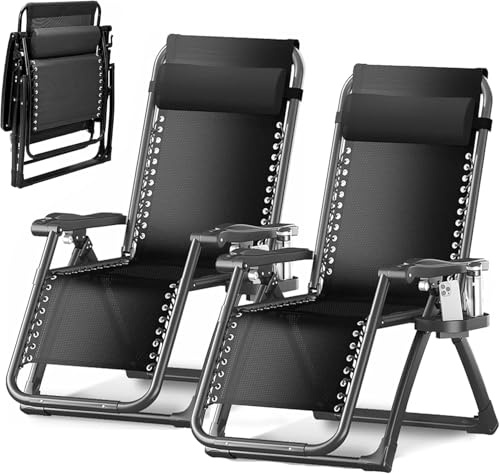 JupiterJX Gravity Chairs Set Of 2 Heavy Duty Adjustable Lounge Chairs, Outdoor Portable Garden Recliner, Sun Folding Chair With Cup Holder And Headrest Pillow Sunloungers (2 Pack Black)