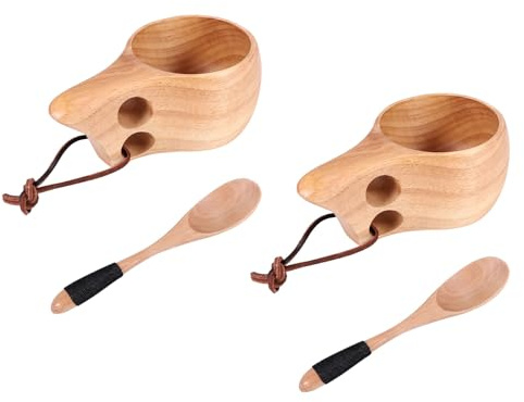 Louttary Set mit 2 Holztassen im nordischen Stil, Kuksa-Tasse, tragbar, Camping, Outdoor, Trinkbecher, Kaffeetasse aus Holz mit Löffel aus Holz