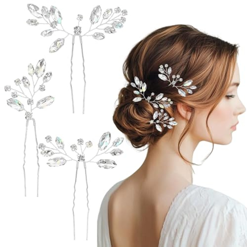3-teiliges Hochzeits-Haar-Accessoire für Damen, Kristall-Strass-Braut-Haarnadeln, Blumen-Brautjungfern-Haarschmuck für Bräute, Brautjungfern, Gäste, Frauen und Mädchen (Silber)