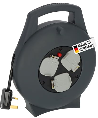 Brennenstuhl Vario Line 3-Way Extension Reel 10m (Made in Germany, Portable Extension Cable, Safety Cut-Out, Indoor Cable Reel with Carry Handle) Anthracite