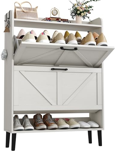 HOME BI Farmhouse Shoe Cabinet with Two Flip Drawers,3-Tier Shoe Storage Organizer with Open Shelf & Top Display,Freestanding Narrow Hidden Shoe Rack for Entryway Hallway Living Room,Antique White