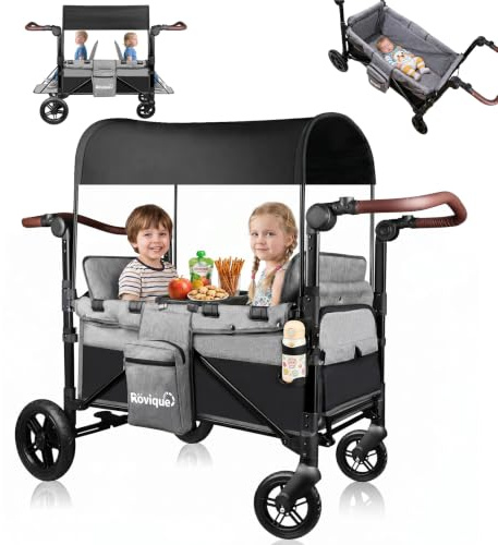 Bollerwagen faltbar mit Verstellbarem Dach,Kinderwagen für 1-2 Kinder | Bollerwagen mit 2 Sitze,Premium Bollerwagen Handwagen mit 5-Punkt-Gurt,Snack Tablett,geländegängigen PU-Rädern