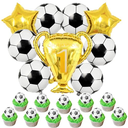 50x Tortendeko Fussball Essbar + 9x Luftballons Fussball Deko Geburtstag | Esspapier Fussball Tortenaufleger & Folienballon Fußball Trophäe Helium Ballons für Junge Weltmeisterschaft Party Dekoration