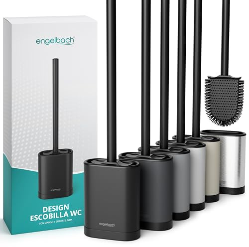 Engelbach® Klobürste Silikon mit Edelstahl Griff & Halter, Flach, Schwarz | Antibakterielle Toilettenbürste Wandmontage ohne Bohren – WC Bürste, Toilet Brush inkl. Ersatzbürstenkopf