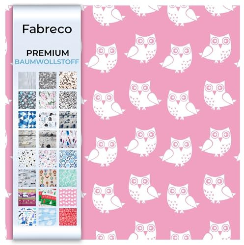 Fabreco - 100% Premium Baumwollstoff Meterware 100x160cm - Eule rosa | 220 g/lfm – Weich, langlebig & hautfreundlich | Stoffe Zum Nähen & Dekoration | Stoff Meterware - Fabric