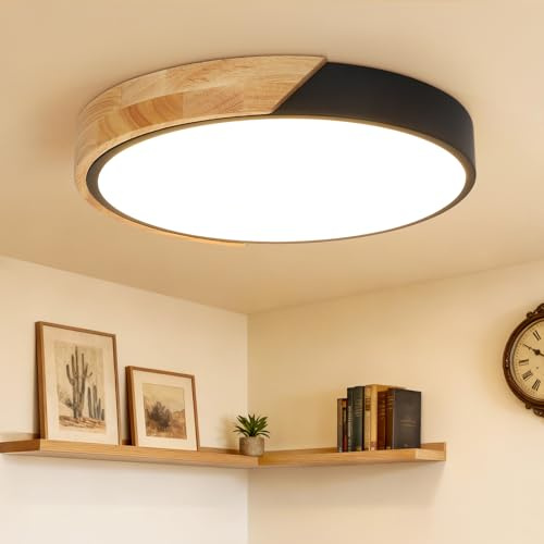 Kimjo 24W Deckenlampe Holz Schwarz, Led Deckenleuchte Rund, Warmweiß 3000K