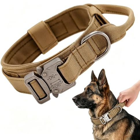 Wohlstand Taktisches Hundehalsband, Verstellbares Halsband Mit Kontrollgriff, Gepolstert Hund HalsbandBreit, Metallschnalle Nylon Hundehalsband für Mittlere Große Hunde Training Jagd (M, Khaki)