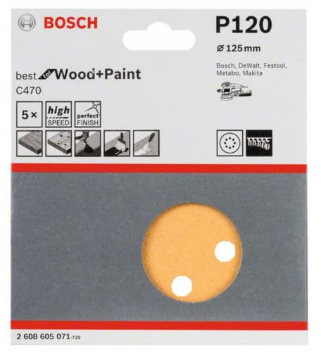 Bosch Professional 5 Stück Schleifblatt C470 Best for Wood+Paint (Holz und Farbe, Ø 125 mm, Korn 120), 2608605071