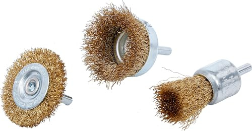 BGS Diy 50903 | Stahldraht-Bürsten-Satz | Ø 25 - 50 mm | 3-tlg. | 6 mm Aufnahmeschaft | für Bohrmaschinenantrieb | Topf-, Scheiben- und Pinselbürste | gewellte Borsten