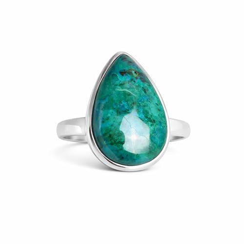 Budawi® Chrysokoll Ring | Cabochon Tropfenform | Edelsteinring 925 Sterling Silber | Ringgröße 60