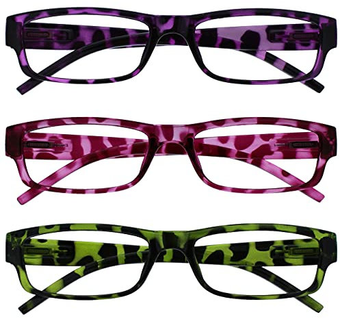 OPULIZE ACE Lesebrille für Damen und Herren - 3er-Pack - Schmaler Rechteckiger Rahmen - Komfort Federscharniere - Kratzfest - Lila Rosa Grün Schildpatt +3.50