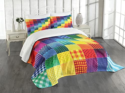 ABAKUHAUS Patchwork Tagesdecke Set, Regenbogen-Retro Patchwork, Set mit Kissenbezügen Waschbar, für Einselbetten 170 x 220 cm, Blau Gelb