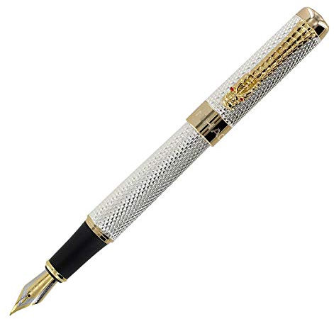 Jinhao Golden Dragon Fountain Pen Medium Nib,Silver Chain,Red Crystal Eyes with Ink Converter
