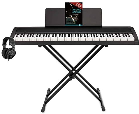 Korg B2 BK - Piano digital (piano digital con 88 teclas, soporte para teclado X, auriculares, pedal amortiguador, fuente de alimentación y escuela de piano), color negro