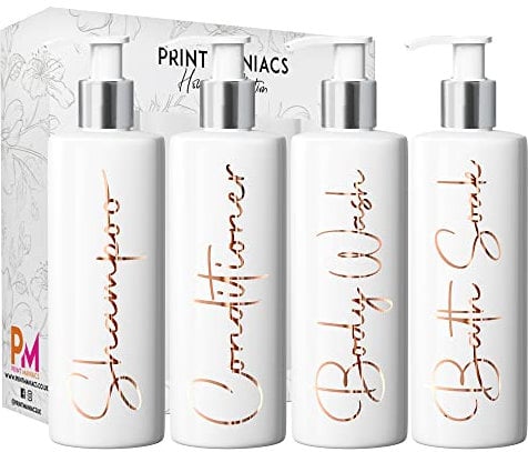 Print Maniacs Mrs Hinch Inspired White Personalised Pump Bottles Bathroom Kitchen Set Shampoo Conditioner Body Wash Bath Soak (F2) (Copper)