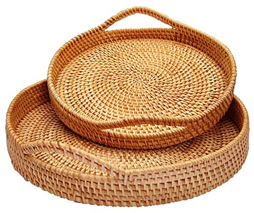 Ankur Plateau de service rond en rotin avec poignées, lot de 2 plateaux ronds en rotin tissés à la main, plateau en osier pour pain, fruits, nourriture, café, petit déjeuner, grand format 35 x 35 x 5