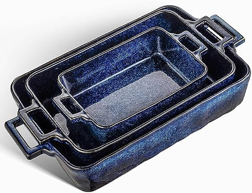VICRAYS Ceramic Bakeware Set, Porcelain Rectangular Baking Dish, Baking Pan Lasagna Pans Casserole Dish Set for Cooking, Kitchen, Cake Dinner, Banquet and Daily Use, 3 PCS, 15 x 8.5 Inches(Blue)