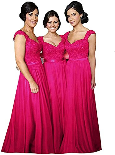 dinavian Vestido largo de gasa con apliques de encaje para mujer, vestido formal de graduación, dama de honor, vestido de novia, fucsia, 44
