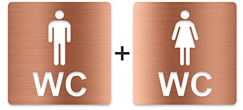 3D WC Schild, Metall-Optik, Hochglanz/Matt, selbstklebend, Damen, Herren, Türschild, Hinweisschild, Toilette, Acryl/Holz (Set, Kupfer (gebürstet))