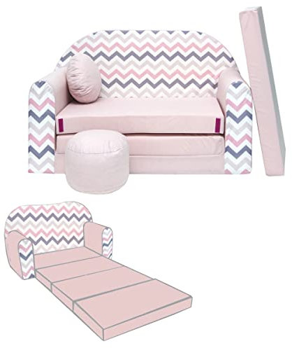Mon Mobilier Design Nino Canapé Convertible lit pour Enfant avec Pouf et Coussin Oeko-TEX Rose avec Zigzag