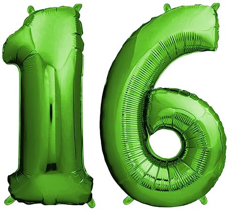 envami® Deko 16 Geburtstag Junge - Grün 101CM - Ballon Zahl Luftballon 16. Geburtstag - Zahlen Luftballon Geburtstagsdeko 16 Junge - Folienballon 16 Junge - 16 Jahre- Helium