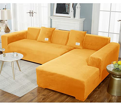 KYJSW 1 Stück hochdehnbarer Sofabezug, Samt, reine Farbe, Sofa-Schonbezüge, elastisches Spandex, Couchschonbezug, einfache Passform, Sofabezüge (gelb, 3-Sitzer)