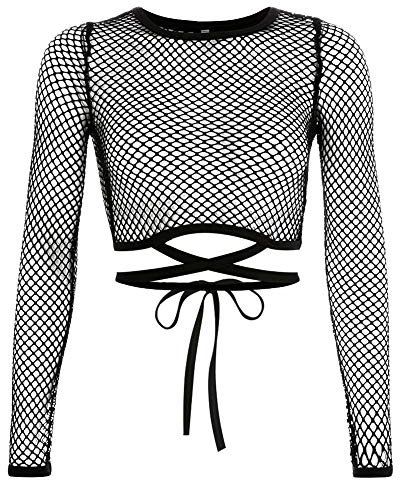 XGOPTS Women Fishnet Tops - Sexy Slim Fit Long Sleeve Mesh Sheer Shirt - See Through Transparent Blouse T-Shirt - Crop Casual Clubwear Black