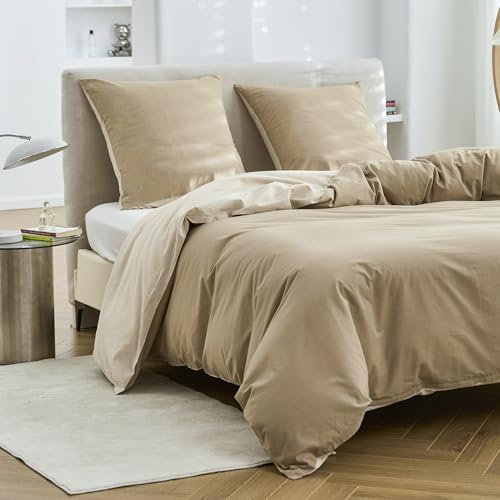 Simple&Opulence Ropa de Cama 135x200cm de algodón, Ropa de Cama con Cierre de Cremallera, Conjunto de Ropa de Cama de Dos Colores con Fundas de Almohada 80x80cm, Lino/Caqui