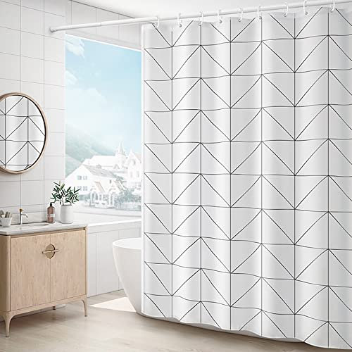 OCEUMACO Rideau de Douche Imprimé Géométrique Anti Moisissure Rideaux Baignoire Design Motif Herringbone Long Polyester Tissu Imperméable 180x200 cm Lavable Machine avec Anneaux - Blanc