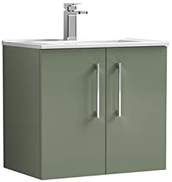 nuie ARN823B Arno Modern Bathroom Wall Hung 2 Door Vanity Unit with Minimalist Ceramic Basin, 600mm, Satin Green