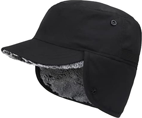 AIEOE Herren Fliegermütze mit Ohrenklappen Trappermütze Warme Wintermütze mit Kunstfell Winddicht Schwarz A