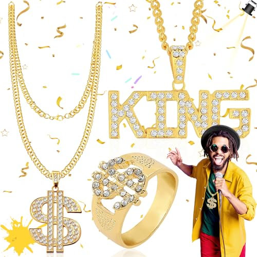 Weploda 3 Stück Hip Hop Kostüm Set, Dollar Zeichen Ringe, Hip Hop Kostüm Kit, Dollar Kette, Goldring, Elvis Kostüm, 80s/90s Rapper Accessories, For Men And Women