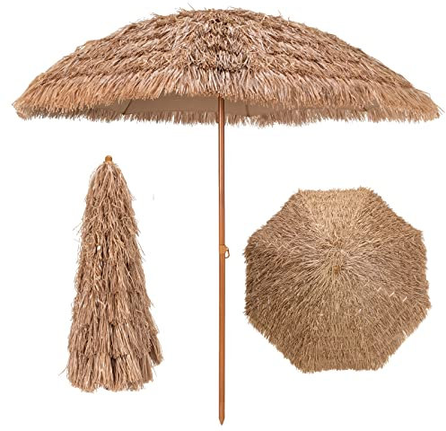GOPLUS Sombrilla Hawaiana, Sombrilla de Paja de PP 243 cm, sombrilla de paja cubierta con 8 costillas, Sombrilla Portátil y Plegable para protección solar para playa, terraza, jardín y piscina