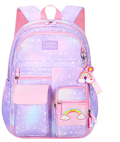 Myyunhx Rucksack für Mädchen - Kawaii Mittelschule Rucksack mit Regenbogenanhänger für Jugendliche (Lila)