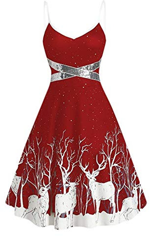 Weihnachtskleider Damen Weihnachten Kleider Ärmellos Trägerkleid A-Line Partykleid Sexy Mode Cocktailkleid Rentiermuster Christmas Kleid Riemen Kleid Weihnachten Druck Mini Kleid Swing Kleider
