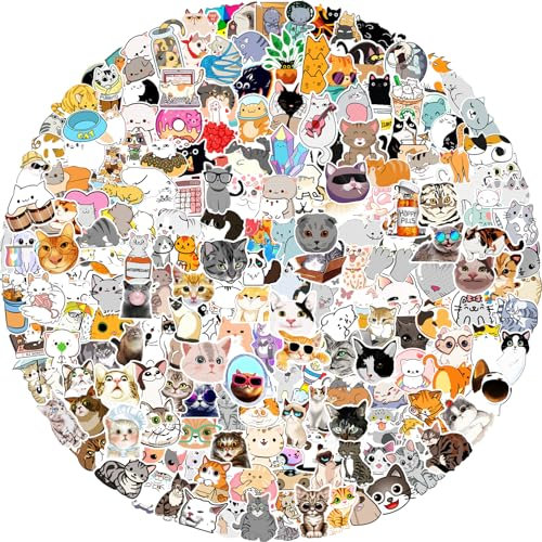200 Stück Cute Cat Stickers, Lustiges Katzen Aufkleber Set, Wasserdicht Vinyl Aufkleber für Katzenliebhaber Wasserflaschen Sammelalbum Skateboard