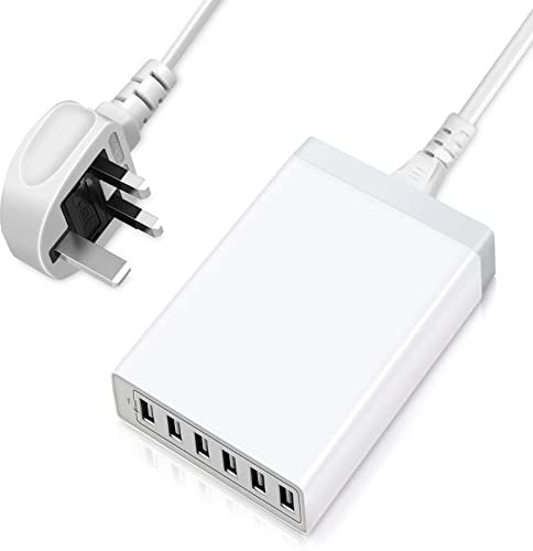 USB Charging Station, 50W 10A 6-port Desktop USB Charger Station Travel Portable Power Adapter with 1.5M Cable UK Plug for Smartphones, Tablets and Other Devices