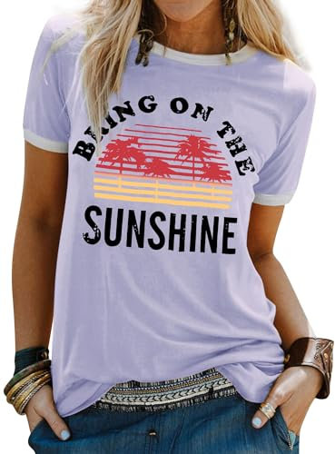 WIEIYM Maglietta da donna Bring On The Sunshine, maglietta estiva casual, maglietta girocollo a maniche corte, con stampa camicetta, taglie S-XXL, A-Lilla, XXL