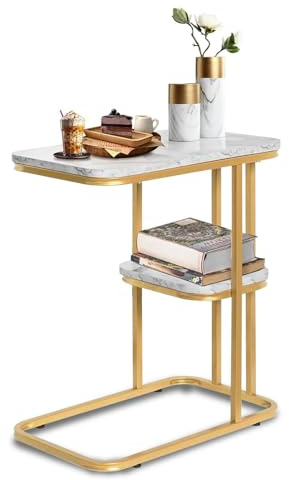 THCTYRP Table d'appoint, Table de Chevet, en marbre, Structure en Forme de U, Montage Facile, avec étagère, Largeur 50 x Profondeur 30 x Hauteur 58 cm (Blanc + doré)