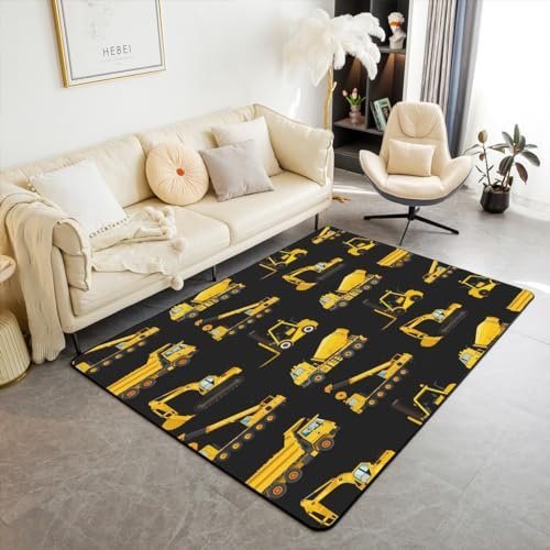 Homewish Jungen BAU Teppich 150Bx200L,Bagger Indoor Bodenmatte für Kinder,Cartoon Fahrzeug Autos Bereich Teppich,Kinder Auto Thema Dekorative Teppich Schlafzimmer Dekor,Gelb